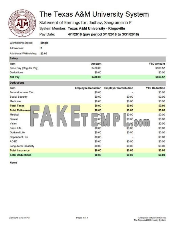 The Texas A&M University System fake earnings statement Word and PDF template